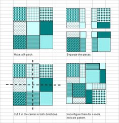 four different squares are shown in blue and white, with the same pattern on them