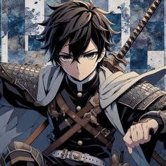 an anime character with black hair holding two swords