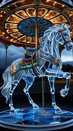 a merry go round horse with lights on it's head and wheels in front of a dark sky