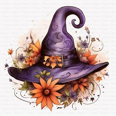 a drawing of a witches hat with flowers and leaves on the side, in watercolor