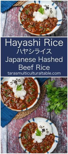 Hayashi Rice (ハヤシライス, Japanese Hashed Beef Rice) on two plates with otter-shaped rice. Beef Hayashi Rice, Hayashi Rice Japanese Style, Japanese Hamburg Recipe, Japanese Beef Recipes, Japanese Comfort Food, Japanese Recipe Ideas, Japanese Stew, Japanese Beef Stew