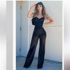 Brand New How To Style Satin Pants, Wide Leg Satin Pants Outfit, Satin Pants Outfit Classy, Black Satin Pants Outfit, Black Satin Jumpsuit, Satin Pants Outfit, Black Satin Pants, Satin Pant, Outfit Elegantes