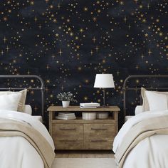 two beds in a bedroom with stars painted on the wall and night sky behind them