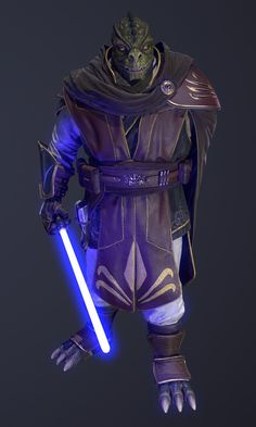 an animated character with a blue light saber in his hand and wearing a purple outfit