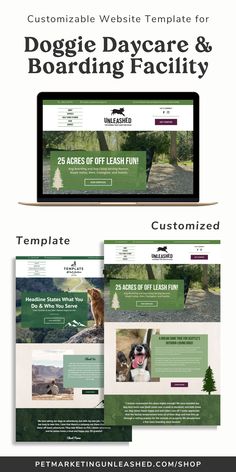 the website design for doggie daycare and boarding facility is shown in three different colors