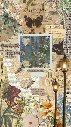 a collage with flowers, butterflies and post it notes on the wall next to a lamppost