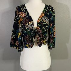 Miss Selfie Floral Tie Front Blouse Sz L Large Multicolor Flowers Floral Black Blue Orange Yellow Cream Pink Green Tan Brown Pool, Beach, Swim Cover Up Crop Top Elbow Sleeves Bell Sleeve Open Front Tie Front Blouse Easy Breezy Loose Cover Up Lightweight Pull On Machine Washable 100% Rayon Theme: Boho, Preppy, Classic, Modern, Minimalist, Tropical, Vacation, Capsule, Resort, Spring, Summer, Bohemian, Bride, Bachelorette, Festival, Chic, Trendy, Honeymoon, Hair Stylist, Teacher, Concert, Bar, Trav Bohemian V-neck Blouse For Day Out, Bohemian Fitted Rayon Top, Fitted Bohemian Rayon Top, Cropped Floral Print Blouse For Spring, Spring Cropped Floral Print Blouse, Multicolor Boho Print Rayon Blouse, Cropped Blouse For Beach In Fall, Bohemian Rayon Blouse For Spring, Patterned Floral Print Blouse For Brunch