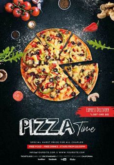 a flyer for a pizza restaurant with different types of toppings and ingredients on it