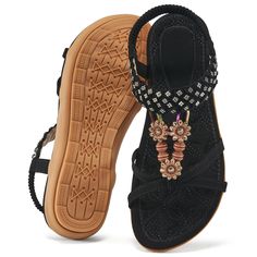 PRICES MAY VARY. 【Bohemian Style】 These womens sandals with classic beading are full of Bohemian atmosphere, adding chic to your summer outfit. 【Comfortable Sandals】 The upper of summer sandals is made of high-quality artificial leather, soft and comfortable. Women's flat shoes with the elastic strap are easy to wear or take off. 【Cushion Insole】 The insole of dressy sandals is composed of soft and breathable sponge bumps, allowing you to walk easily without getting tired. 【Non-slip Rubber Sole】 Summer Flat Shoes, Dressy Sandals, Stil Boho, Rhinestone Flats, Summer Flats, Styl Boho, Sandals For Women, Boho Stil, Comfortable Sandals