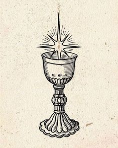 a drawing of a lit candle on top of a stand with a star above it