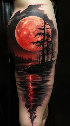 a man's thigh with a full moon and trees on the water in front of it