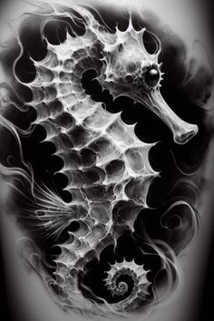 a black and white photo of a seahorse tattoo on the back of a man's arm