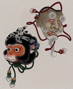 two monkeys with masks on their heads and one monkey wearing a hat, both looking at each other