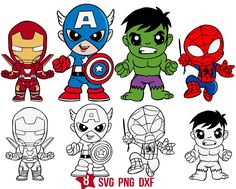 the avengers cartoon characters are drawn in different colors