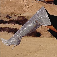 Rhinestone Over The Knee Boots Memory Foam Padded Insole 4” Inch Heel High Quality Luxury Crystal-embellished Party Boots, Silver Sequined Boots For Party, Silver Sequined Party Boots, Bedazzled Pointed Toe Party Boots, Bedazzled Pointed Toe Boots For Party, Winter Silver Sequined Boots, High Heel Rhinestone Boots For Party Season, Silver Sequined High Heel Boots, Bedazzled Party Boots For Winter