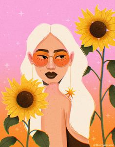 a painting of a woman with sunflowers in front of her and pink background