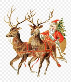 santa claus riding in his sleigh with two reindeers, transparent png