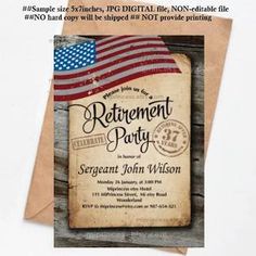 an old - fashioned retirement party card with the american flag on it