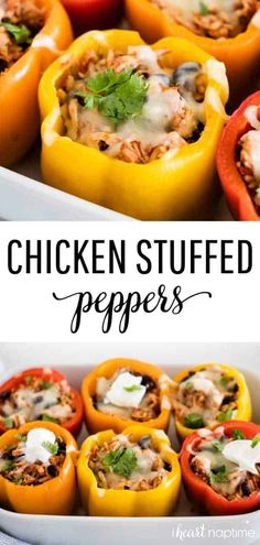 chicken stuffed peppers in a white casserole dish