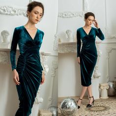 "PAULINA Velvet Cocktail Dress | Reception Dress For Bride | Mother Of Bride Dress | Winter Wedding Guest Dress | Formal Long Sleeve Dress * V-neck * Long sleeves * Zip-back fastening * Gathered side dress * All made from velvet fabric * This is a handmade item according to your own orders - - - - - - - - - - - - - - - - - - - - - - - SIZE GUIDE Model is 5.64 ft (173 cm), bust: 32 1/4\" (83cm), waist: 24 3/8\" (64cm), hips: 35\" (91cm), wearing XS, color: V006 Teal Blue Body measurements guide i Green Velvet Dress Long, Emerald Green Velvet Dress, Long Velvet Dress, Velvet Dress Long, Women Dresses Classy, Fancy Dresses Long, Elegant Dresses Classy, Designer Dresses Casual, Stylish Party Dresses