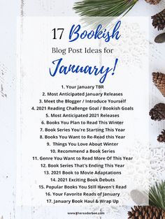 a white table topped with pine cones and pineconuts next to a bookish calendar