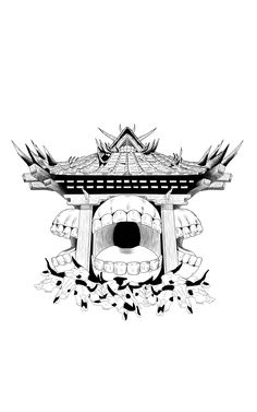 a black and white drawing of a building with an evil face in the center, surrounded by flowers