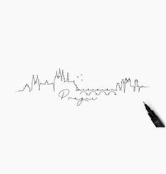 a pen is writing on a piece of paper with an image of a city in the background