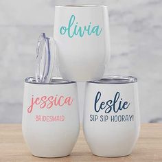 three personalized wine glasses with the names of bridesmaid, bridal and special