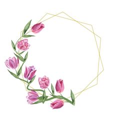 pink tulips are arranged in a gold geometric frame