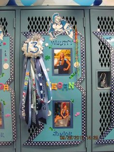 the lockers are decorated with pictures and ribbons