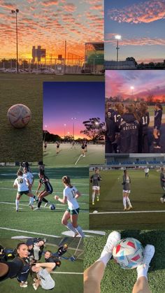 several pictures of people playing soccer on a field at sunset and in the sun set