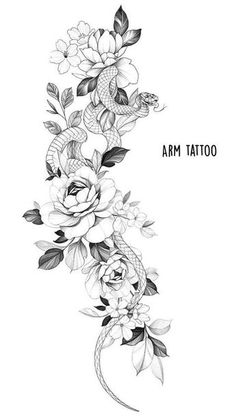 an arm tattoo with flowers and fish on the side, in black and white ink