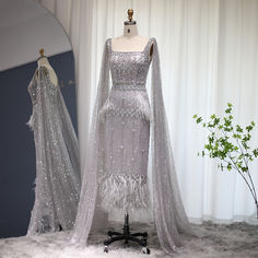 Bling Gray Mermaid Arabic Evening Dress with Cape Luxury Feather Dubai Formal Dresses for Women Wedding Party Formal Dresses For Women Wedding, Arabic Evening Dress, Evening Dress With Cape, Dresses For Women Wedding, Dress With Cape, Cape Gown, Formal Parties, Gorgeous Prom Dresses, فستان سهرة