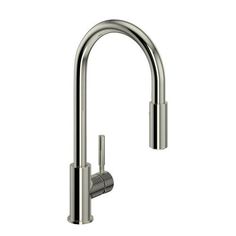 a stainless steel kitchen faucet with an angled spout and side sprayer