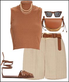 Brown tank top, linen shorts , zara flats ,layered necklace,gold accessories, leopard sunglasses Outing Outfit, Fashion Capsule Wardrobe, Fall Fashion 2016, Fashion Hacks Clothes, Urban Outfits, Cute Simple Outfits