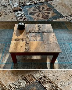 two different views of a coffee table in the middle of an open area with dirt on it