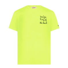 Man fluo yellow t-shirtKing of the beach embroideryShort sleevesSt. Barth embroidery on sleeveRound necklineRegular fitComposition:100% Cotton Yellow Crew Neck T-shirt For Beach, Yellow Crew Neck Beach T-shirt, Yellow Short Sleeve T-shirt For Beach, Beach Embroidery, Micro Print, Fendi Wallet On Chain, Boho Swimwear, Saint Barth, Print Swimwear