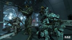 some sci - fi soldiers are standing in a space station