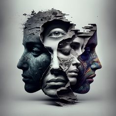 an artistic collage of different faces with paint splattered on them, including one woman's face and the other man's head