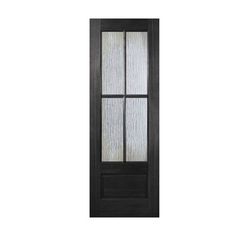 a black door with frosted glass on the front and side panels, in an open position