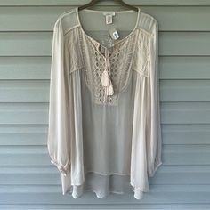 Sundance Champagne Sheer Flowy Boho Sequin Beaded Tassel Peasant Top New With Tags Champagne Color Scoop Neck Keyhole Tassel Tie At Neckline Sequin And Beading Detailing Long Blouson Sleeve Oversized High Low Hem Sheer Material Rayon/Cotton Hand Wash With Cold Water Approx Measurements Laying Flat Pit To Pit - 20" Length - 25/31" (Front/Back) Women's Size Extra Small (Xs) Ships Same/Next Business Day Bin-C Cotton Boho Tops, Black Velvet Top, Crochet Lace Blouse, Wrap Top Blouse, Lace Tunic Tops, Women's Henley, Crochet Lace Top, Blouson Sleeve, Lace Tunic