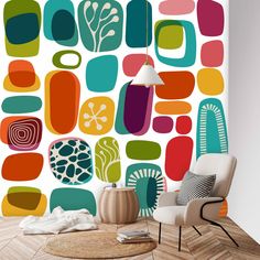 an abstract wallpaper design with various shapes and colors on the wall in a living room