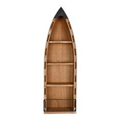 a wooden canoe shelf with two shelves on each side and an open door for storage