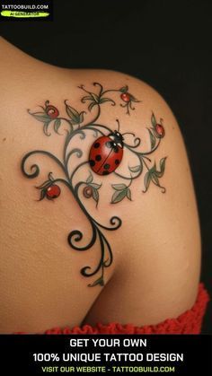 a ladybug tattoo on the back of a woman's shoulder with vines and leaves