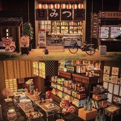 two different views of a store with various items on the shelves and in front of it