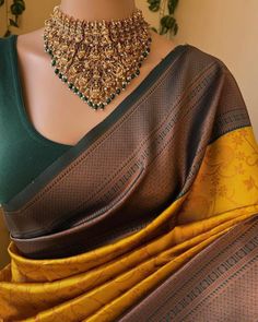 Golden Saree With Green Blouse, Yellow Saree With Green Border, Yellow With Green Silk Saree, Yellow Saree With Green Blouse, Copper Border Saree, Yellow Green Saree, Yellow Saree With Contrast Blouse, Green And Yellow Saree, Bottle Green Silk Saree