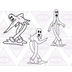 three cartoon characters in different poses on skateboards