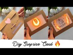 two pictures with the words diy surprise card on them