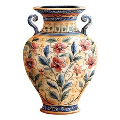 a large vase with flowers painted on it