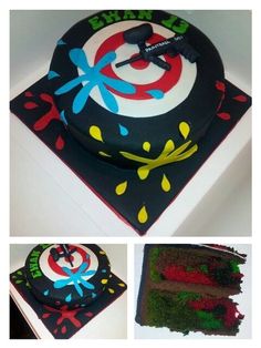 there is a cake that has been decorated with different colors and designs on the side